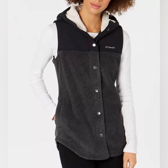 COLUMBIA Gray Snap Front Long Line Fleece Hooded Vest Size XS - Picture 1 of 7